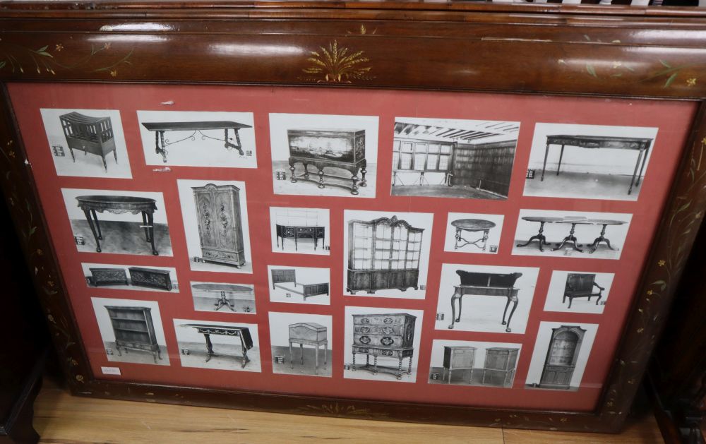 Two pairs of hardwood veneered picture frames, floral painted mahogany and oyster cut yew wood, now housing black and white